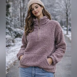 Old Navy Sherpa Half Zip Pullover Jacket XS Cropped Teddy Fleece Mauve